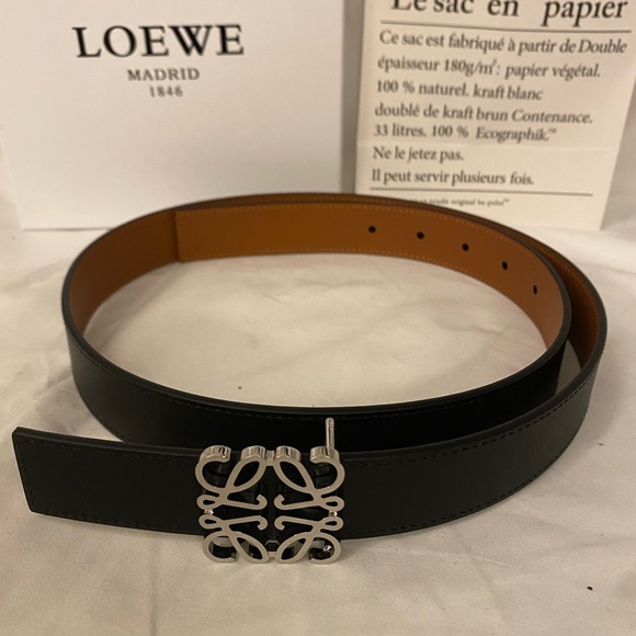 Loewe Black and Brown Leather Belt with Silver Buckle